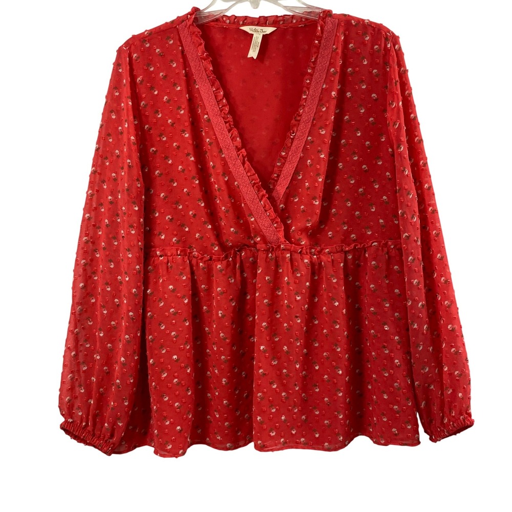 Matilda Jane Top Women Large Red Swiss Dot Babydoll V-Neck Sheer Flowy Blouse